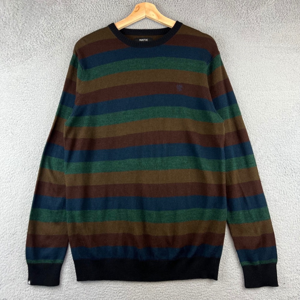 Matix Mens Striped Crewneck Sweater Green Blue Brown Knit Skate‎ Pullover M